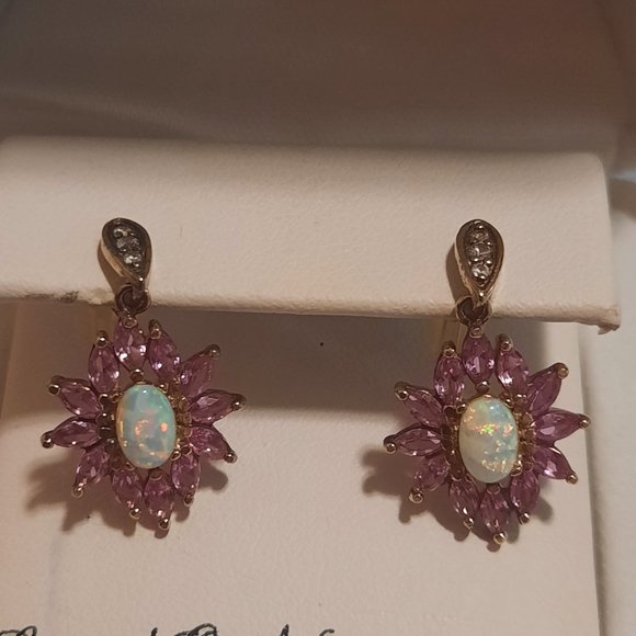18K Gold over Sterling Silver Lab-Created Opal & Pink Sapphire Earrings - Picture 2 of 4